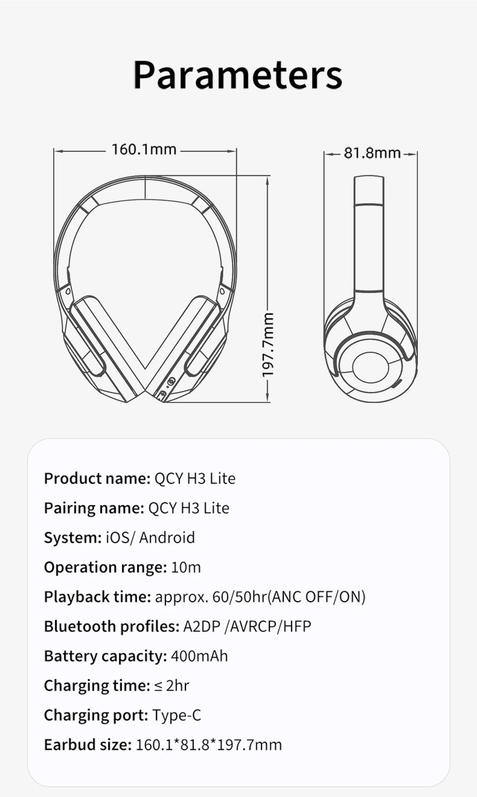 QCY H3 Lite ANC Wireless Headphones — Bluetooth 5.3, 60H Battery, Active Noise Cancelling