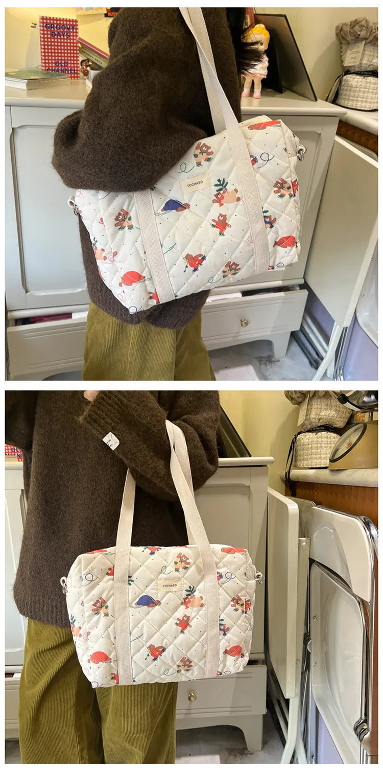 Women's Floral Quilted Shoulder Bag — Large Capacity Cotton Linen Tote