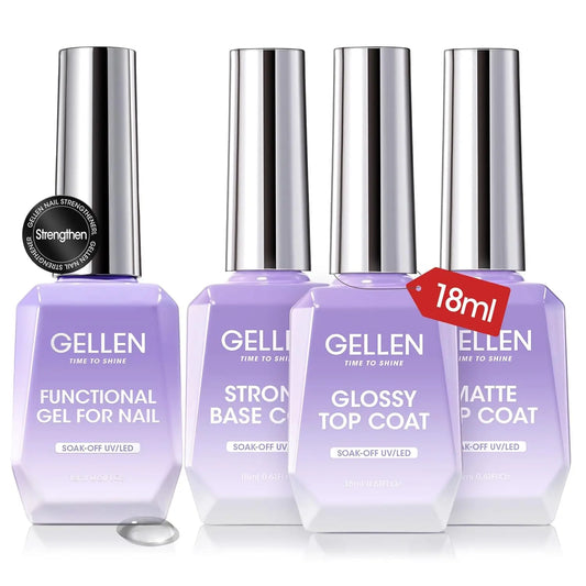 GELLEN Professional Gel Nail Set — 18ml 4-Piece Base Coat, Top Coat & Strengthener Kit for Long-Lasting Manicures