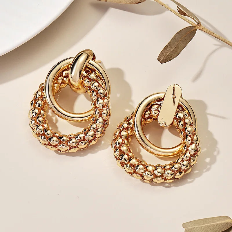 Big Shiny Double Ring Stud Earrings for Women – Bold Round Metal Drop Fashion Jewelry