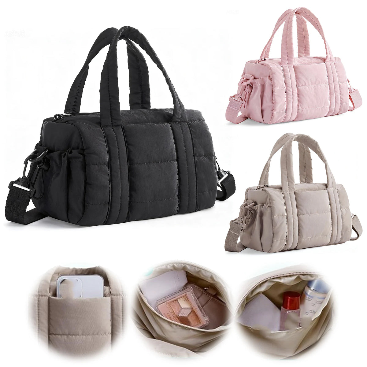 Women's Quilted Nylon Duffle Bag – Crossbody Gym & Travel Shoulder Bag
