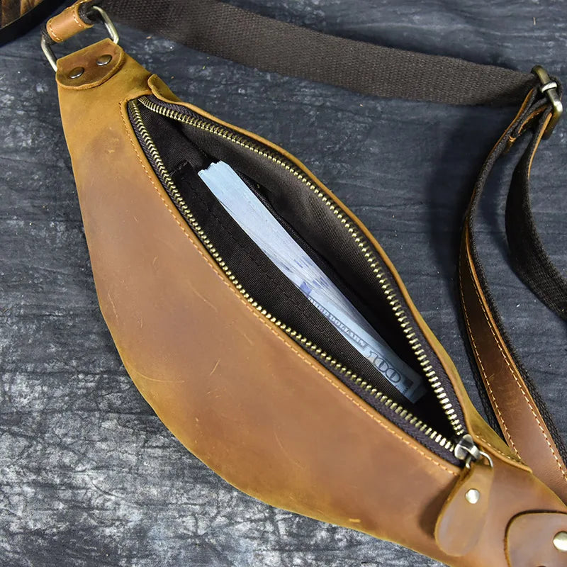 Newsbirds Men's Genuine Leather Chest Bag — Vintage Crossbody Sling & Outdoor Belt Pouch