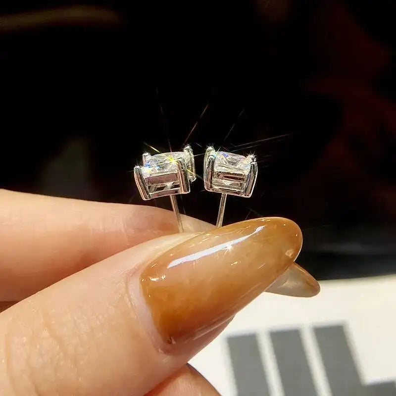 1 pairs Princess Cut Moissanite Stud Earrings For Women Men's Ear Studs Unisex D color VVS 1CT 2CT S925 Sterling Silver Jewelry