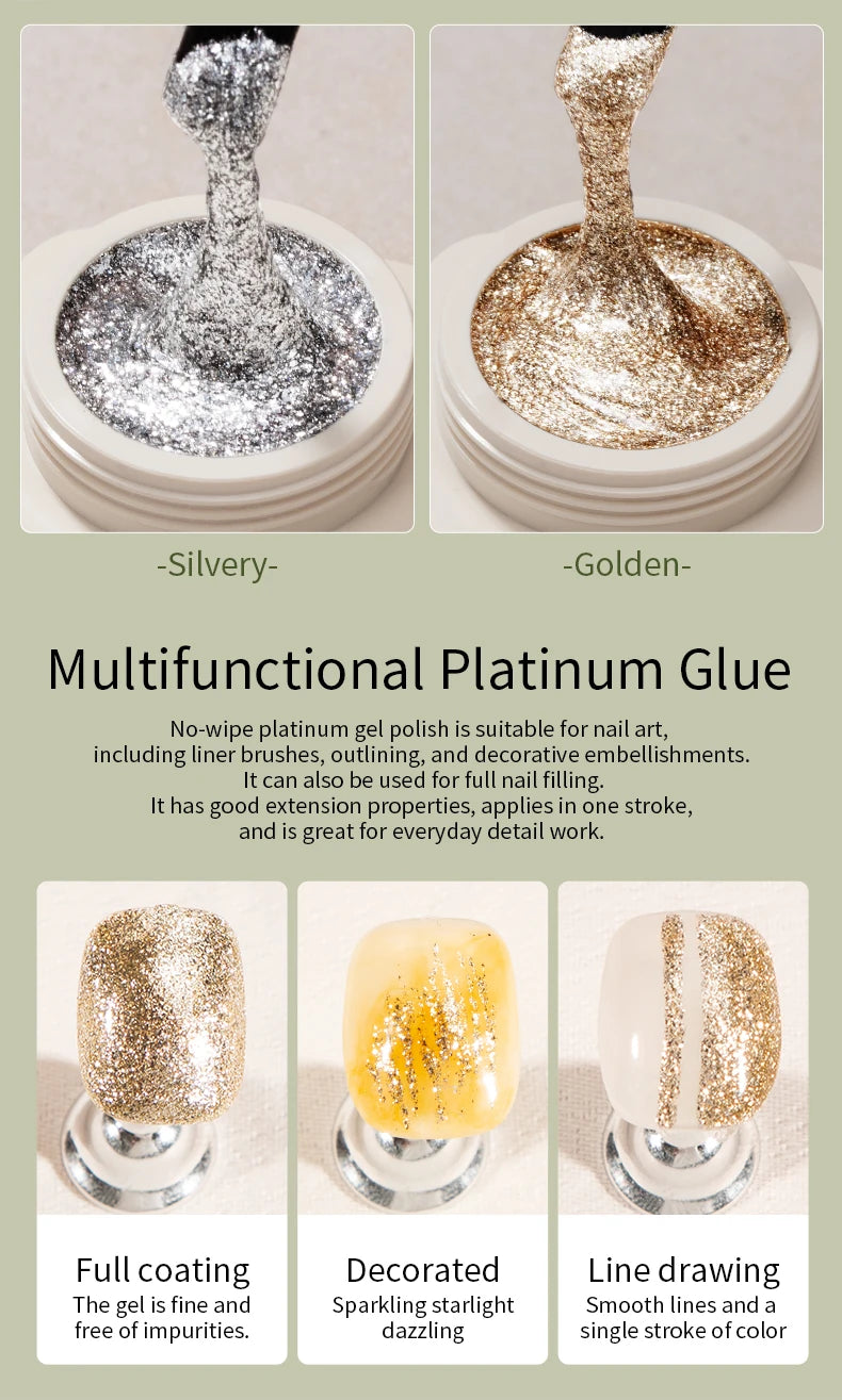 RS NAIL 5g No-Wipe Platinum Gel Polish – Reflective Metallic Sparkle | Golden & Silver