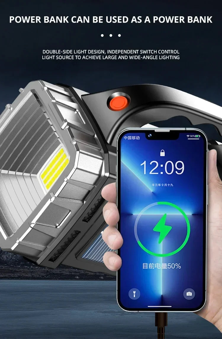 Portable Powerful USB Rechargeable Flashlights Solar LED Light With COB Work Light 4 Gear Charge Mobile Phone Camping Lamps