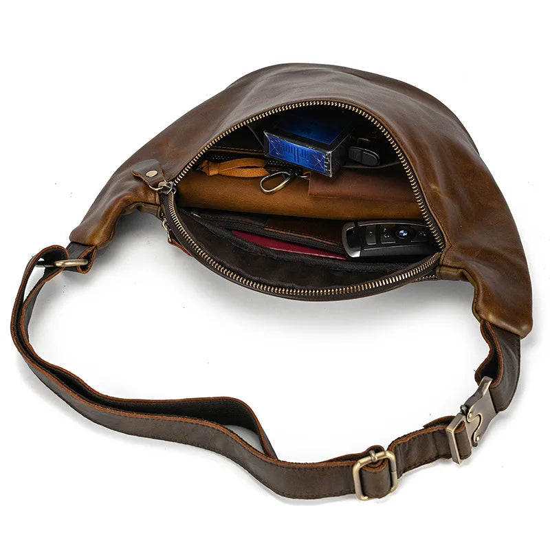 Newsbirds Men's Genuine Leather Chest Bag — Vintage Crossbody Sling & Outdoor Belt Pouch