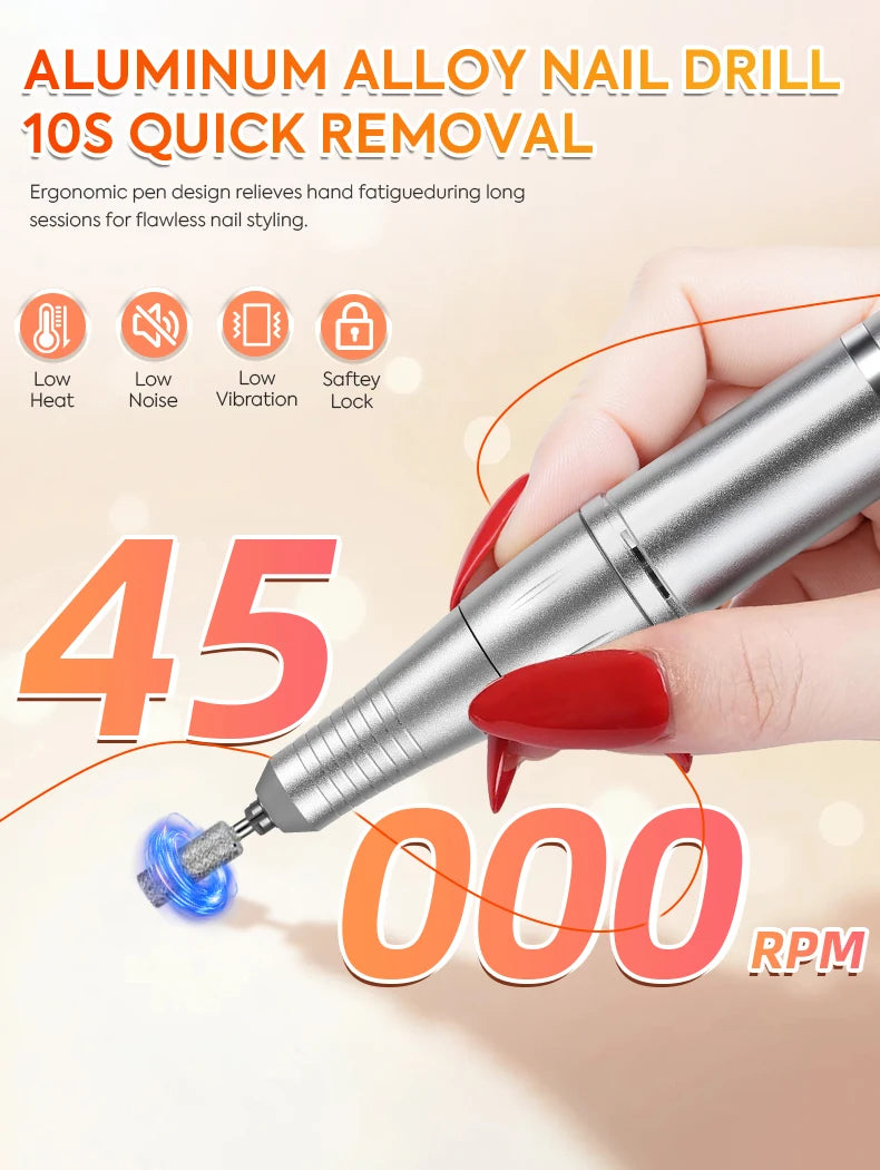 Rechargeable Electric Nail Drill: 45000 RPM, 8-Hour Battery, HD LCD Screen - Professional Salon-Grade Nail Filing & Removal