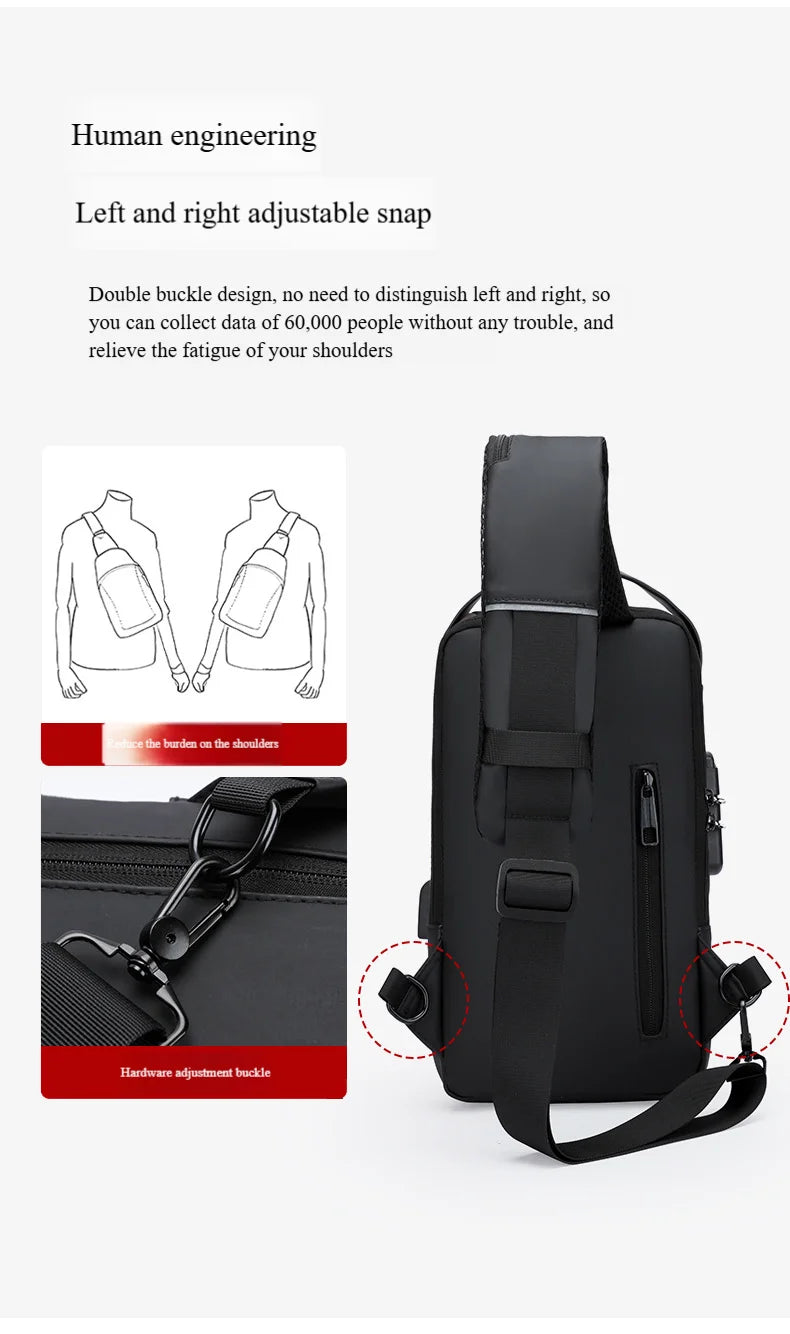 Men's Anti-Theft Chest Bag — Password Lock, USB Port & Waterproof Crossbody Sling
