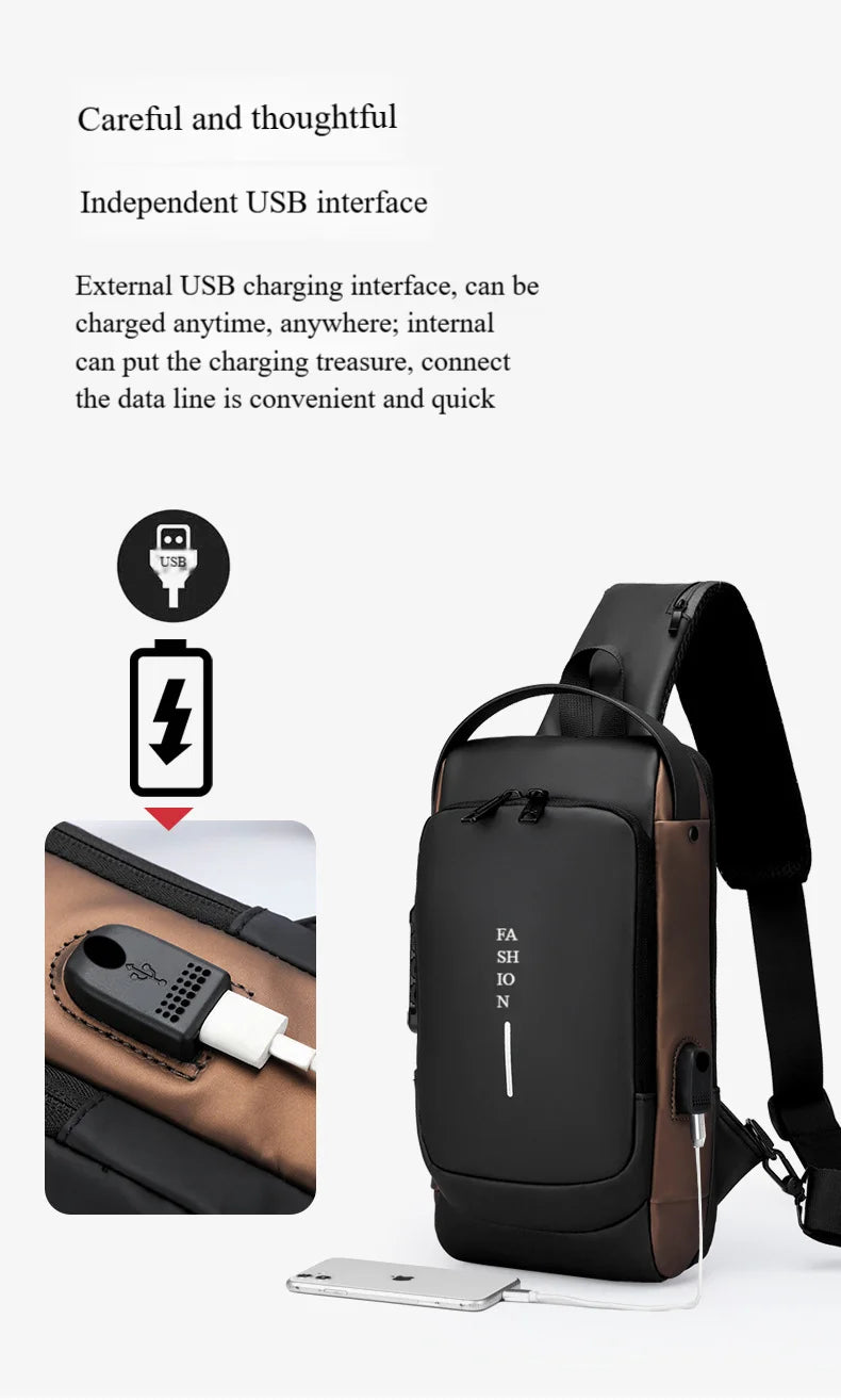 Men's Anti-Theft Chest Bag — Password Lock, USB Port & Waterproof Crossbody Sling
