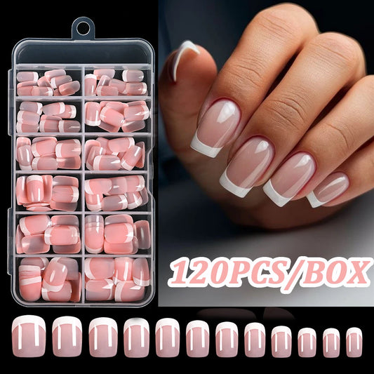 Pink French Square Press On Nails — 120pcs Glossy Full Cover False Nails