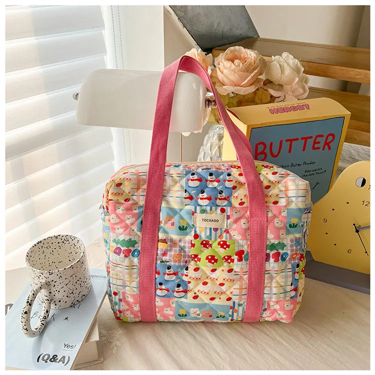 Women's Floral Quilted Shoulder Bag — Large Capacity Cotton Linen Tote