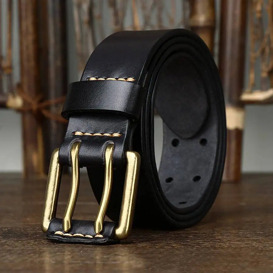 Men's Leather Double Needle Buckle Classic Tow Row Hole Jeans Belt Cowboy Hollowed Out Waistband Width:3.8cm Length:105-125cm