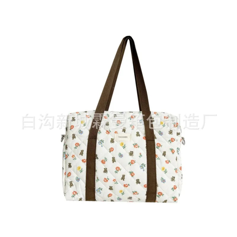 Women's Floral Quilted Shoulder Bag — Large Capacity Cotton Linen Tote