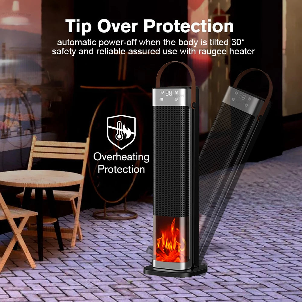 Raugee 2000W PTC Tower Heater | 3D Flame Fireplace Design | Remote Control | 12Hr Timer | 3 Modes | Touch Screen | EU Plug 220V