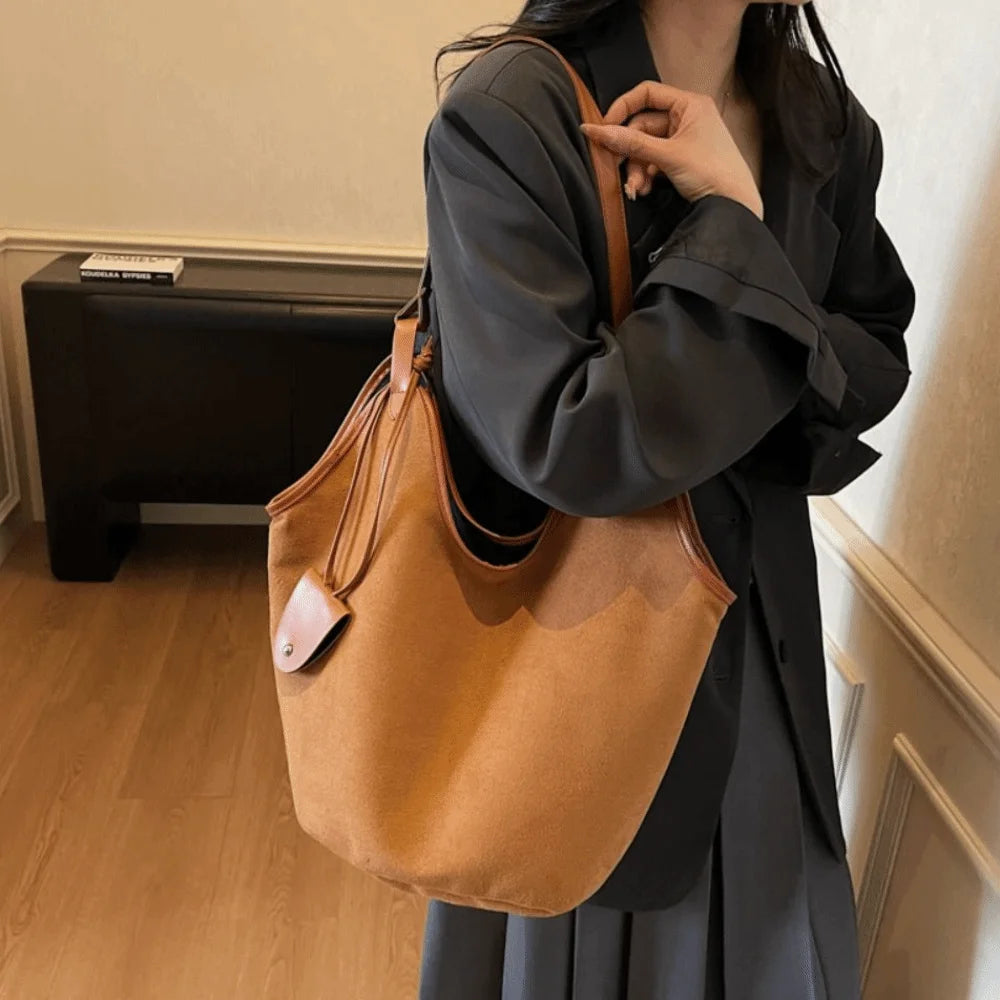Women's Large Capacity Suede Shoulder Bag — Retro Korean Style Tote Handbag