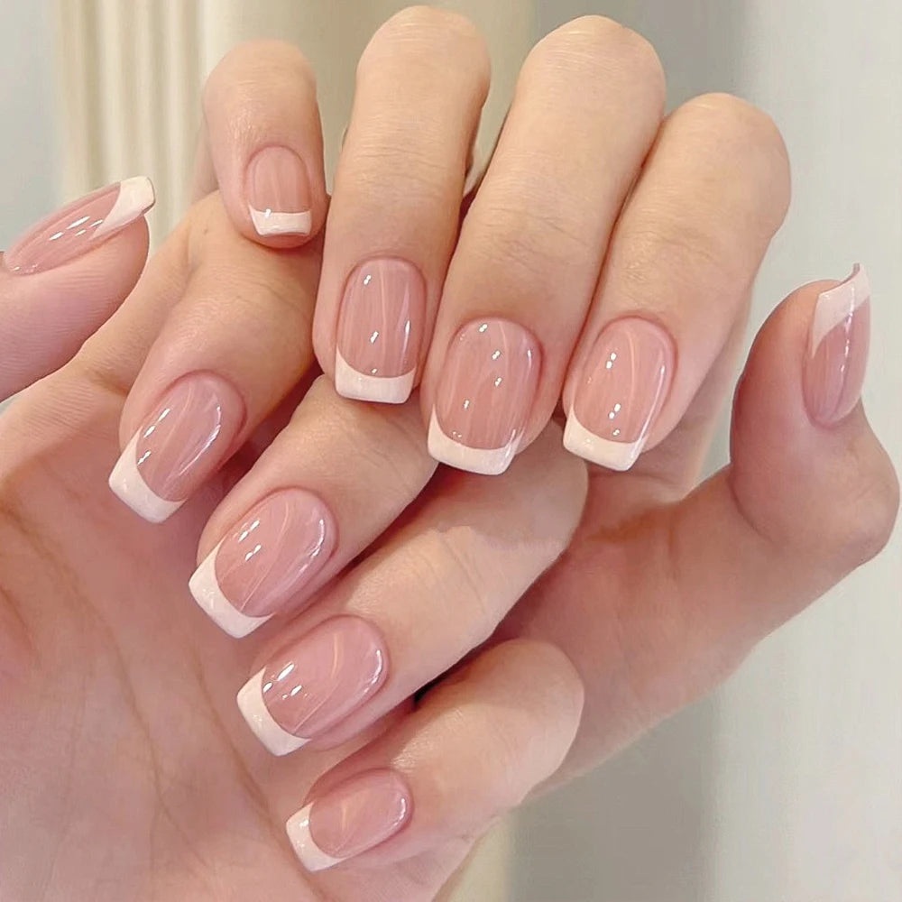 Pink French Square Press On Nails — 120pcs Glossy Full Cover False Nails