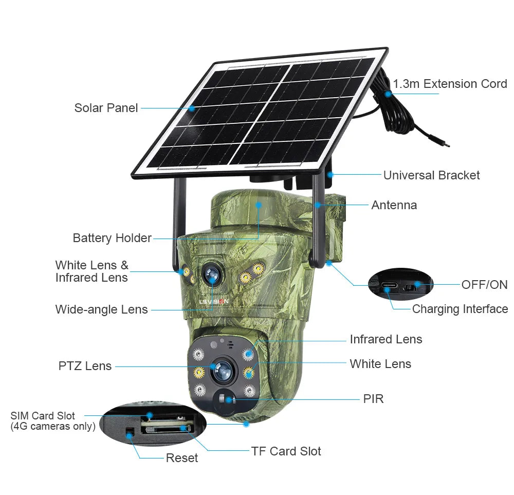 LS VISION 4K Dual Screen 4G Solar Hunting Camera Outdoor WiFi PTZ Human/Animal Detection 2-Way Talk Waterproof Security Cameras