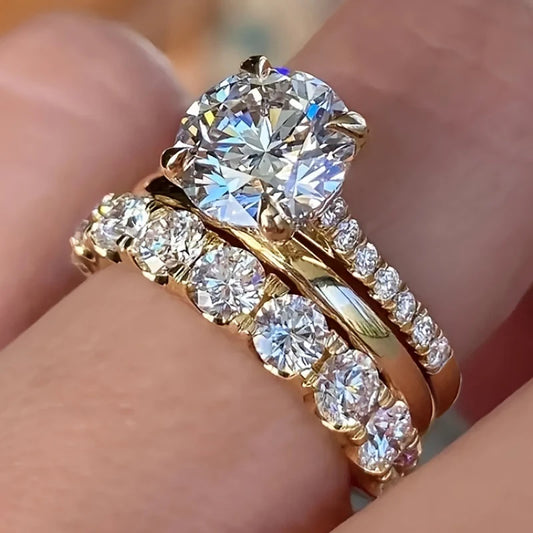 Huitan 3-Piece Bridal CZ Ring Set – Luxury Round Zirconia Gold Color Wedding Rings for Women
