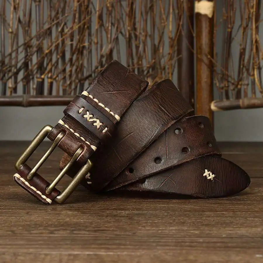 Men's Leather Double Needle Buckle Classic Tow Row Hole Jeans Belt Cowboy Hollowed Out Waistband Width:3.8cm Length:105-125cm