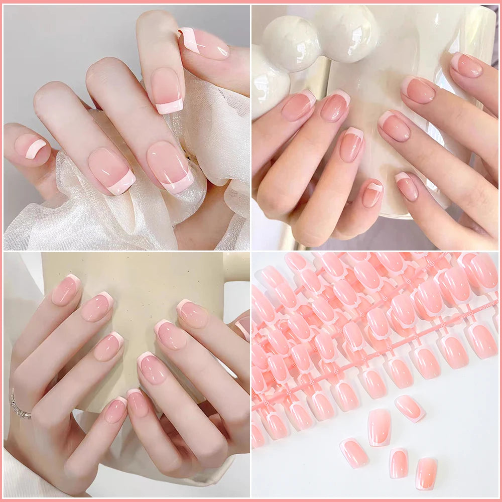 Pink French Square Press On Nails — 120pcs Glossy Full Cover False Nails