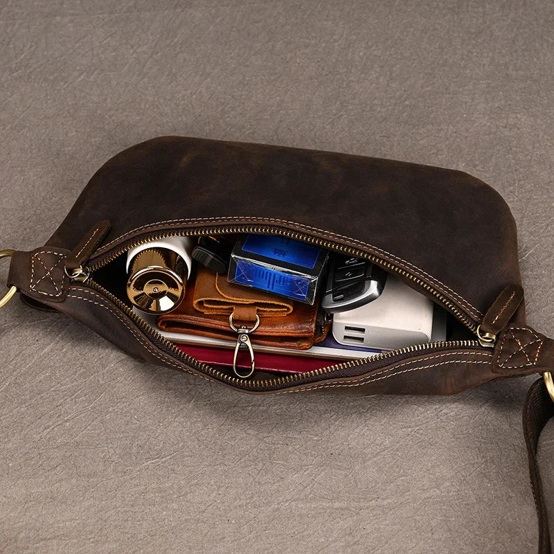 Newsbirds Men's Genuine Leather Chest Bag — Vintage Crossbody Sling & Outdoor Belt Pouch