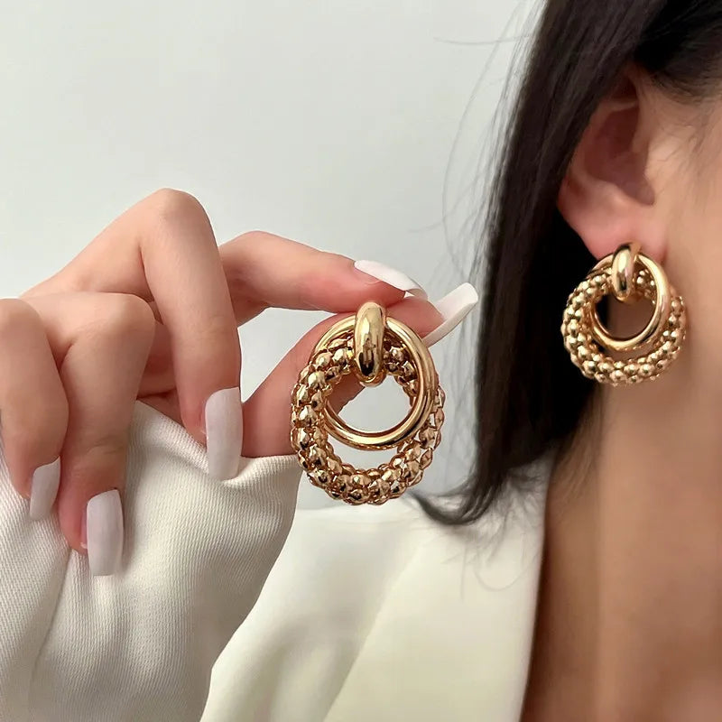 Big Shiny Double Ring Stud Earrings for Women – Bold Round Metal Drop Fashion Jewelry