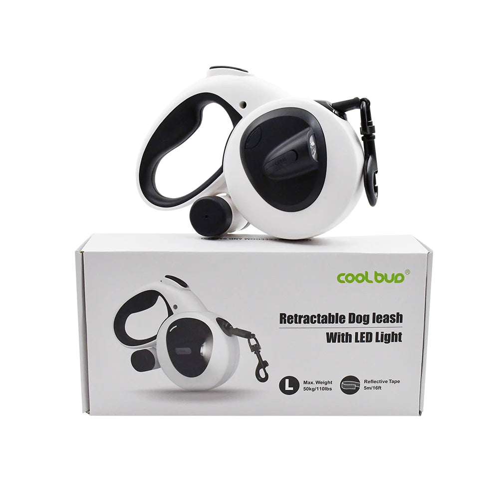 Led Light Up Pet Running Retractable Dog Leash  Automatic with Flashlight and Poop Bag Dispenser
