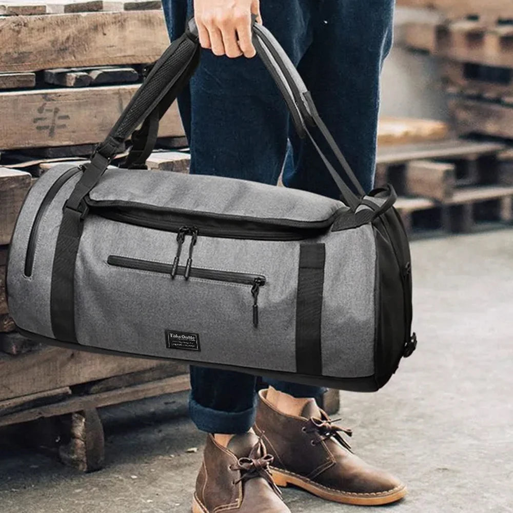 40L 5-in-1 Gym Duffle Bag with Shoe Compartment | Weekender Backpack for Men & Women | Black & Gray