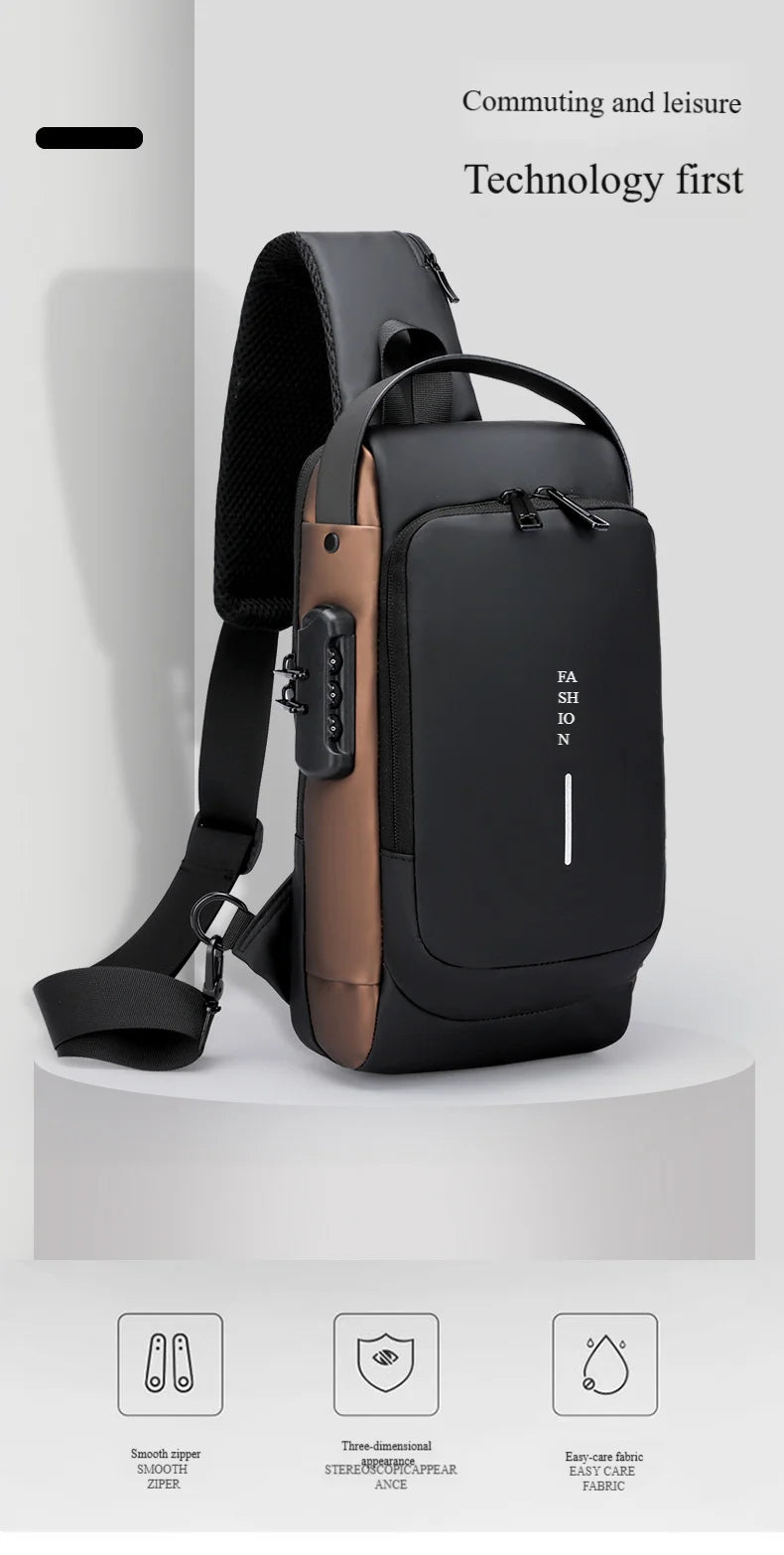 Men's Anti-Theft Chest Bag — Password Lock, USB Port & Waterproof Crossbody Sling
