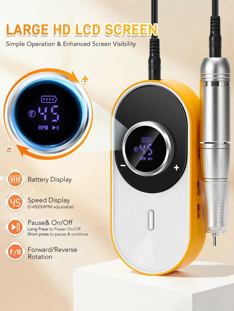 Rechargeable Electric Nail Drill: 45000 RPM, 8-Hour Battery, HD LCD Screen - Professional Salon-Grade Nail Filing & Removal