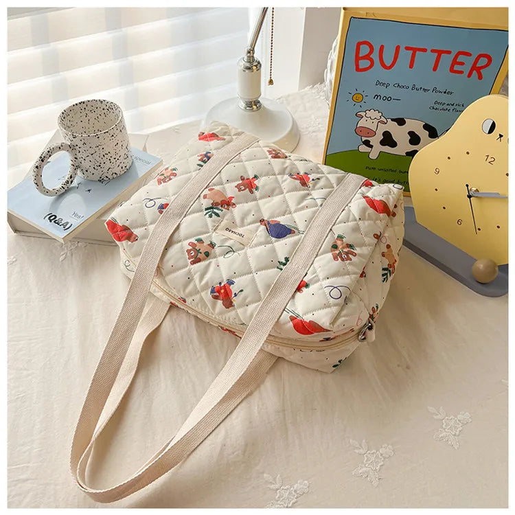Women's Floral Quilted Shoulder Bag — Large Capacity Cotton Linen Tote