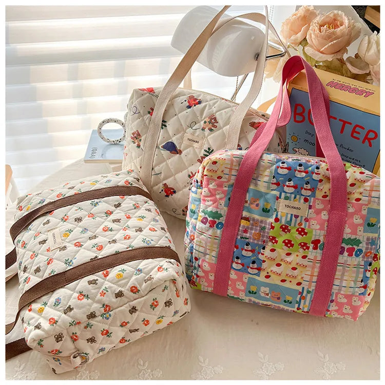 Women's Floral Quilted Shoulder Bag — Large Capacity Cotton Linen Tote