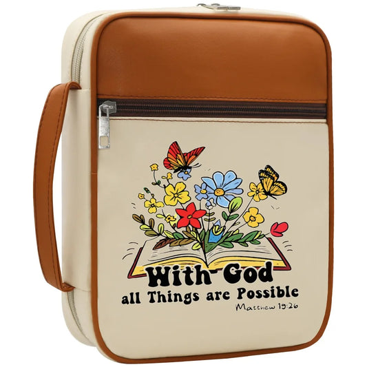 "With God All Things Are Possible" Floral Bible Cover – Faux Leather, Zipper & Handle | 3 Colors