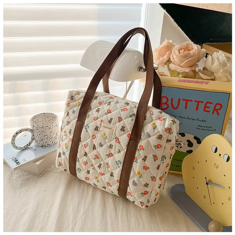 Women's Floral Quilted Shoulder Bag — Large Capacity Cotton Linen Tote
