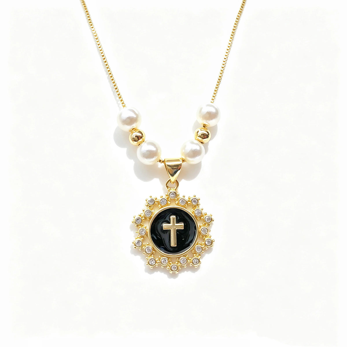 Classic Enamel Art Round Square Cross Pearl Chian Necklace Women Men Fashion Religious Party Zircon Choker Jewelry Prayer Gift