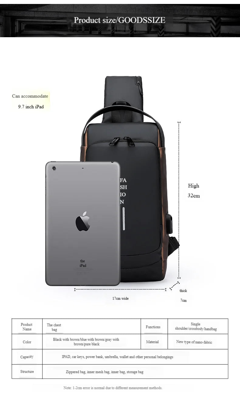 Men's Anti-Theft Chest Bag — Password Lock, USB Port & Waterproof Crossbody Sling