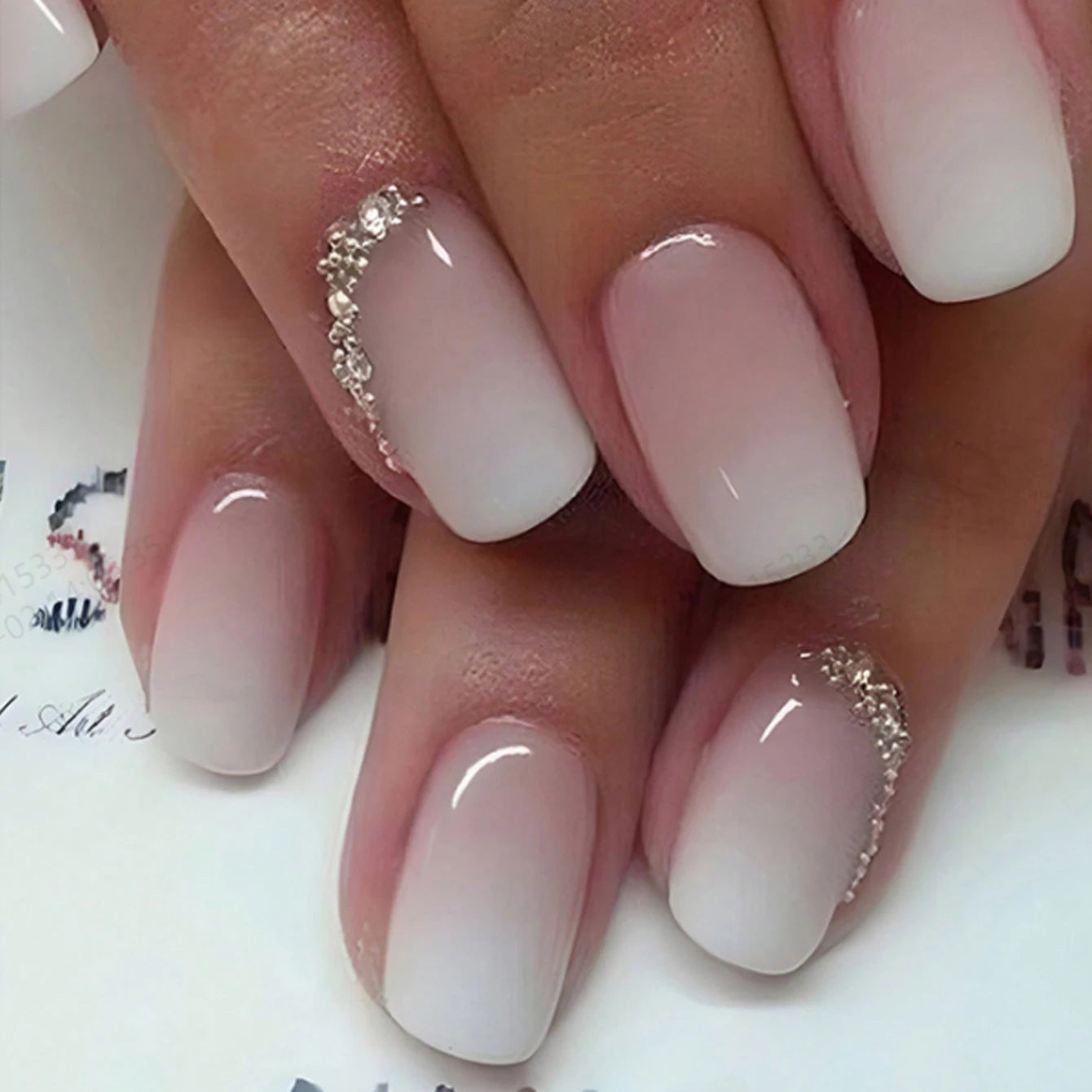 24-Piece Short Square Press-On Nails – Pinkish-White Gradient with Nail Glue & File Kit