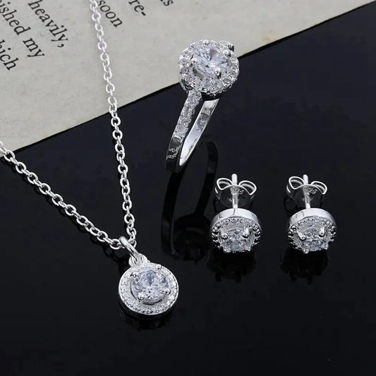 4-Piece Silver Zircon Jewelry Set for Women – Necklace, Ring & Earrings Light Luxury Collection