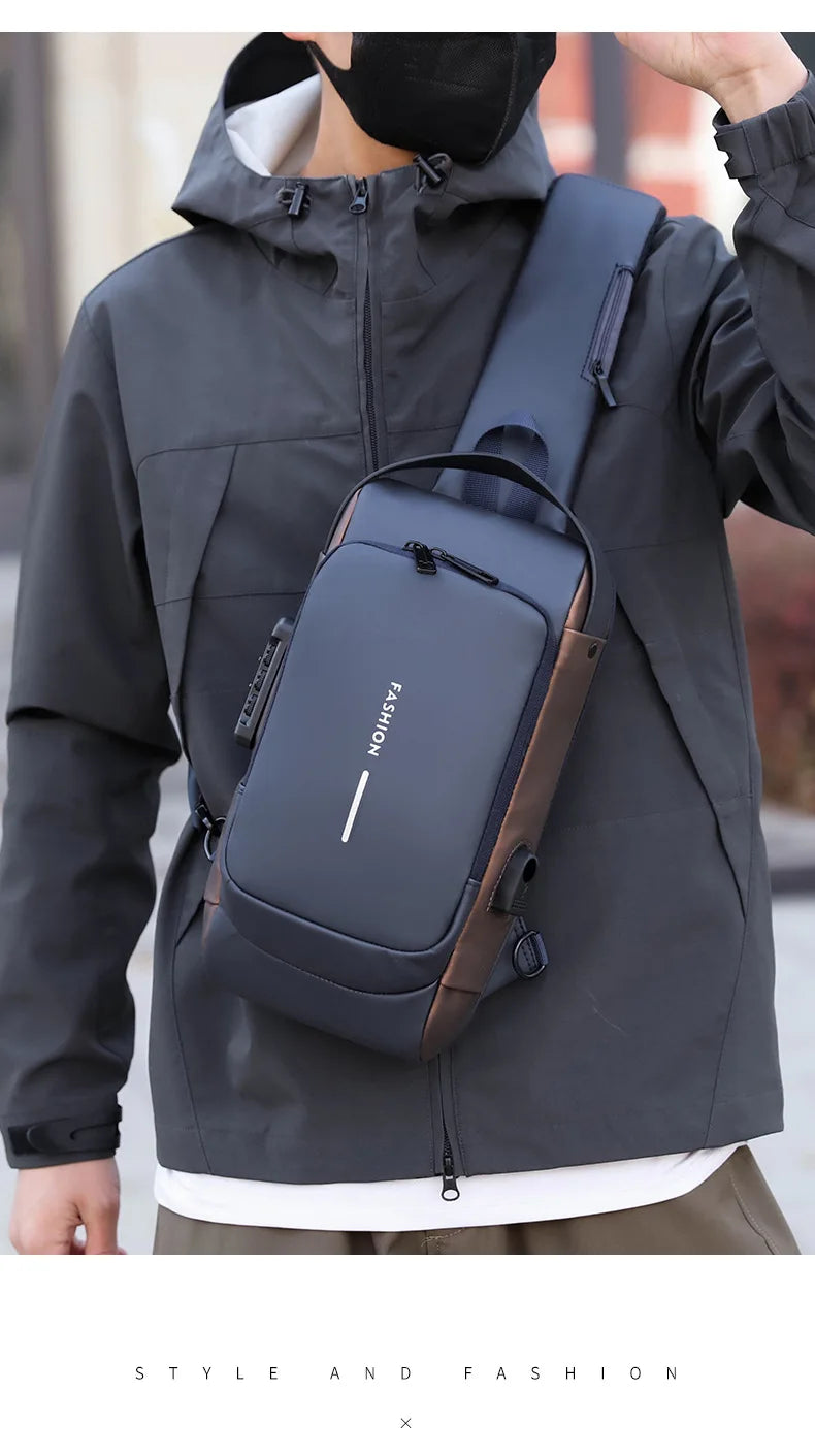 Men's Anti-Theft Chest Bag — Password Lock, USB Port & Waterproof Crossbody Sling