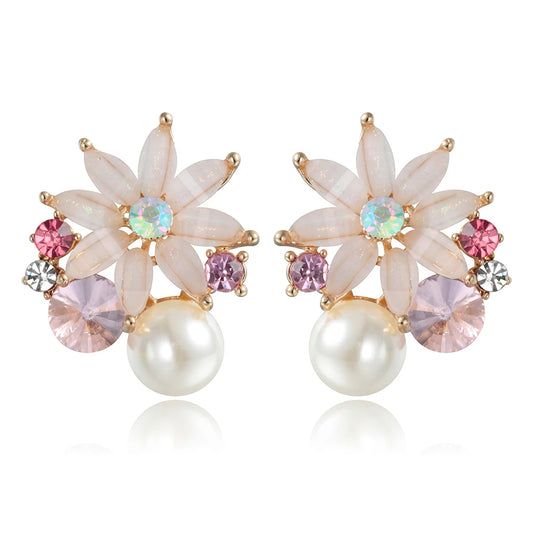 Rhinestone Flower Stud Earrings for Women – Vintage Pearl Crystal Fashion Jewelry