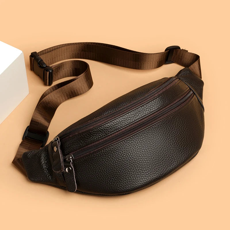 Minimalist Genuine Leather Waist Bag — Unisex Vintage Pebbled Crossbody Chest Pack