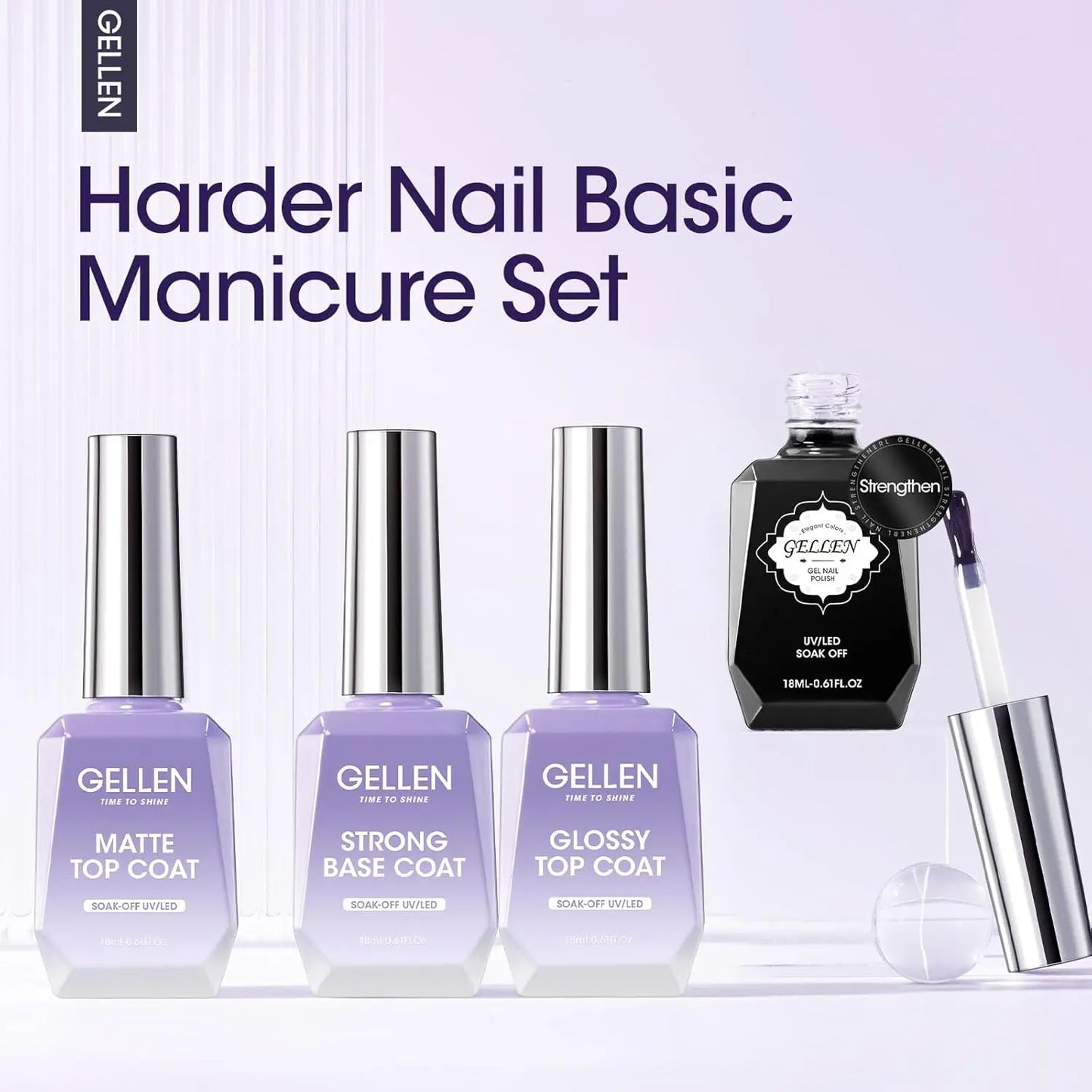 GELLEN Professional Gel Nail Set — 18ml 4-Piece Base Coat, Top Coat & Strengthener Kit for Long-Lasting Manicures