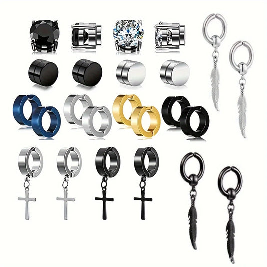 1 Pairs Men's Cubic Zirconia Magnetic Earrings Cross Feather Pendant Clip On Earrings Non Piercing Ear Jewelry Gift