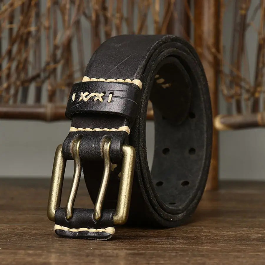 Men's Leather Double Needle Buckle Classic Tow Row Hole Jeans Belt Cowboy Hollowed Out Waistband Width:3.8cm Length:105-125cm