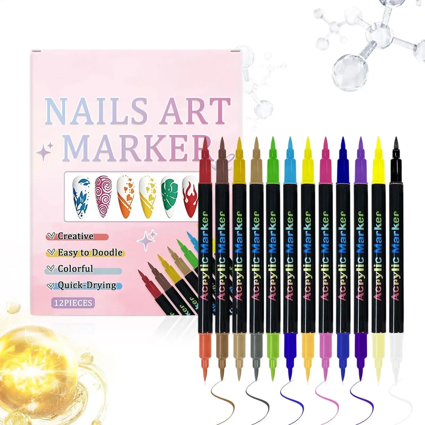 12 Colors Nail Polish Pens — Dual-Ended Quick Dry Nail Art Markers