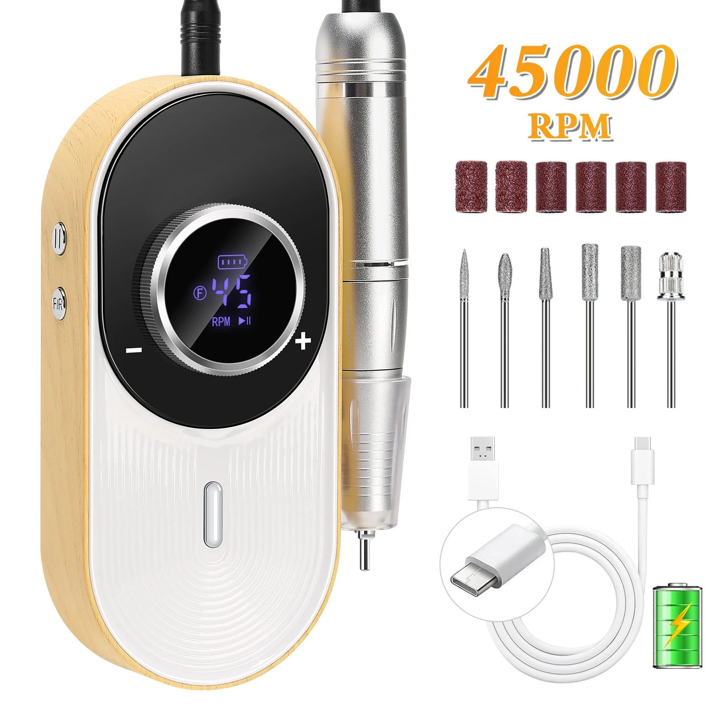 Rechargeable Electric Nail Drill: 45000 RPM, 8-Hour Battery, HD LCD Screen - Professional Salon-Grade Nail Filing & Removal