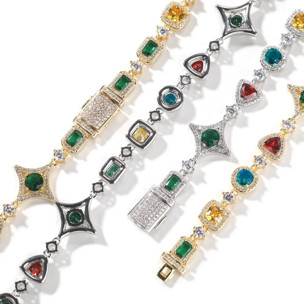 THE BLING KING Women Rainbow Necklace Iced Out Multi Color Triangle Round Rectangle Gemstoms Bracelet HipHop Jewelry For Gift