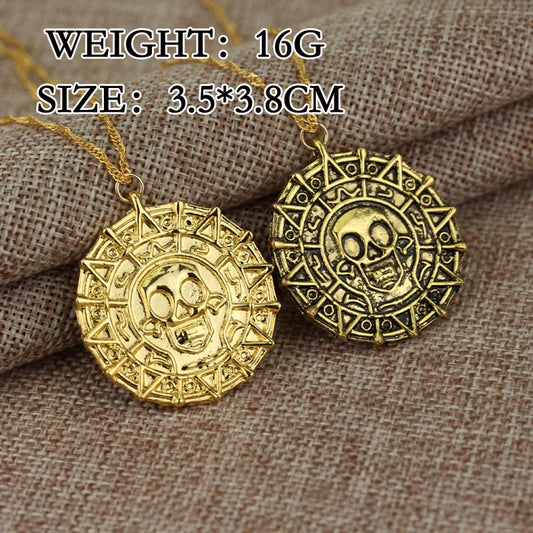 Caribbean Necklace Aztec Skeleton Skull Heads Pendant Gold/Bronze Plated Vintage Men Statement Necklace Gifts