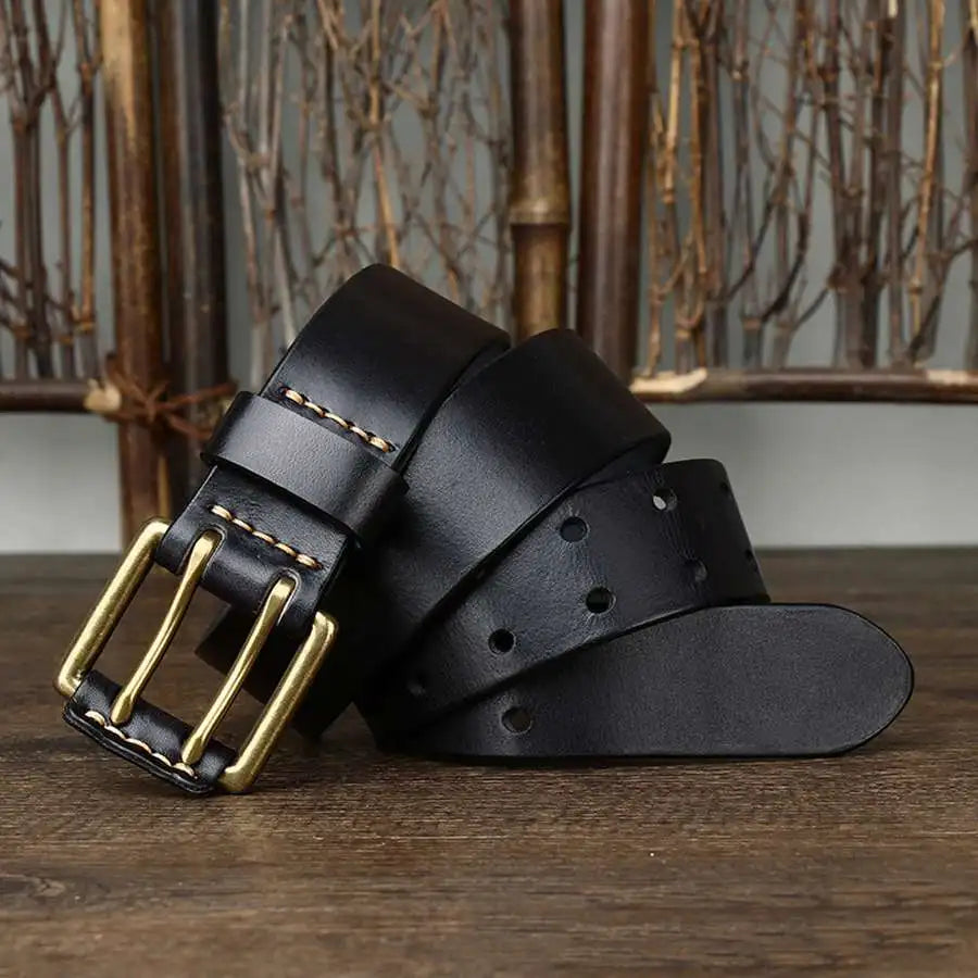 Men's Leather Double Needle Buckle Classic Tow Row Hole Jeans Belt Cowboy Hollowed Out Waistband Width:3.8cm Length:105-125cm