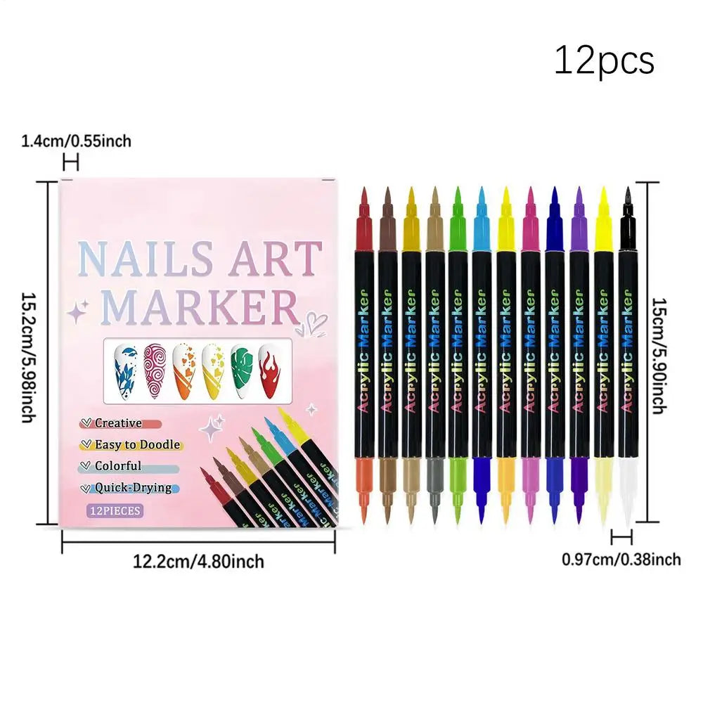 12 Colors Nail Polish Pens — Dual-Ended Quick Dry Nail Art Markers